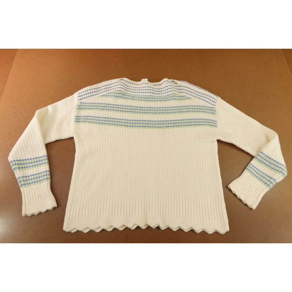 Talbots Womens Petite Large White Green Striped Scallop Hem Boat Neck Sweater